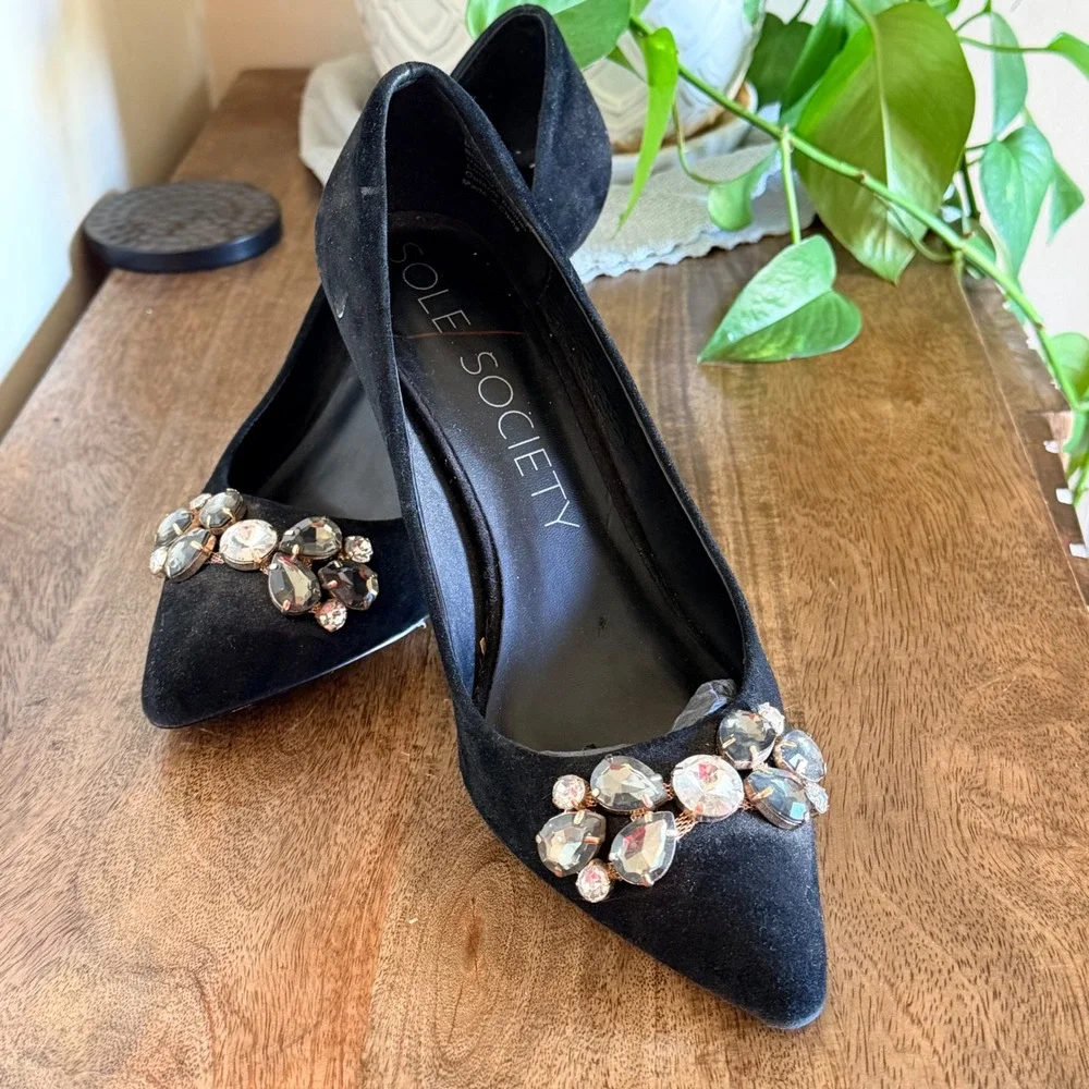 Sole Society Pump Womens 8 Black Crystal‎ Embellished Suede Pointed Toe Stiletto